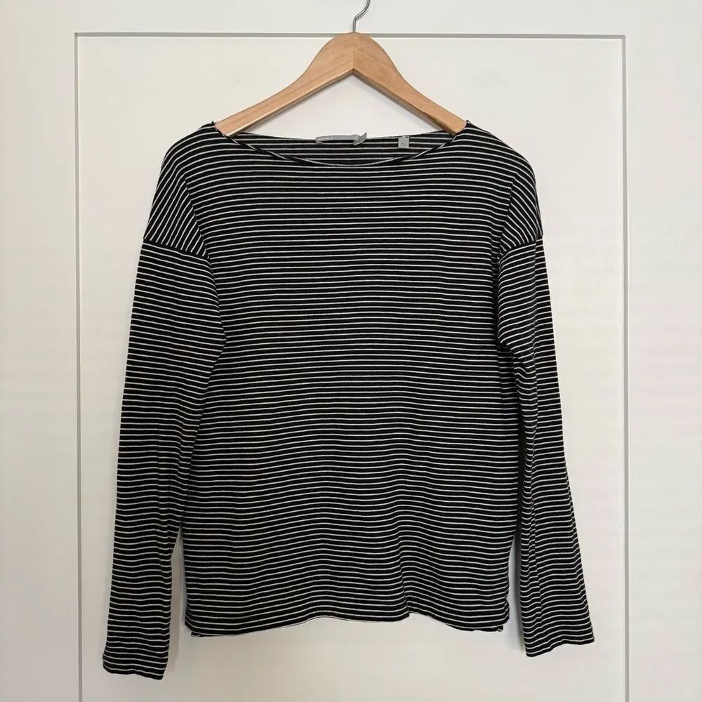 Vince Top Womens M Black Striped Long Sleeve 100% Pima Cotton Nautical Coastal